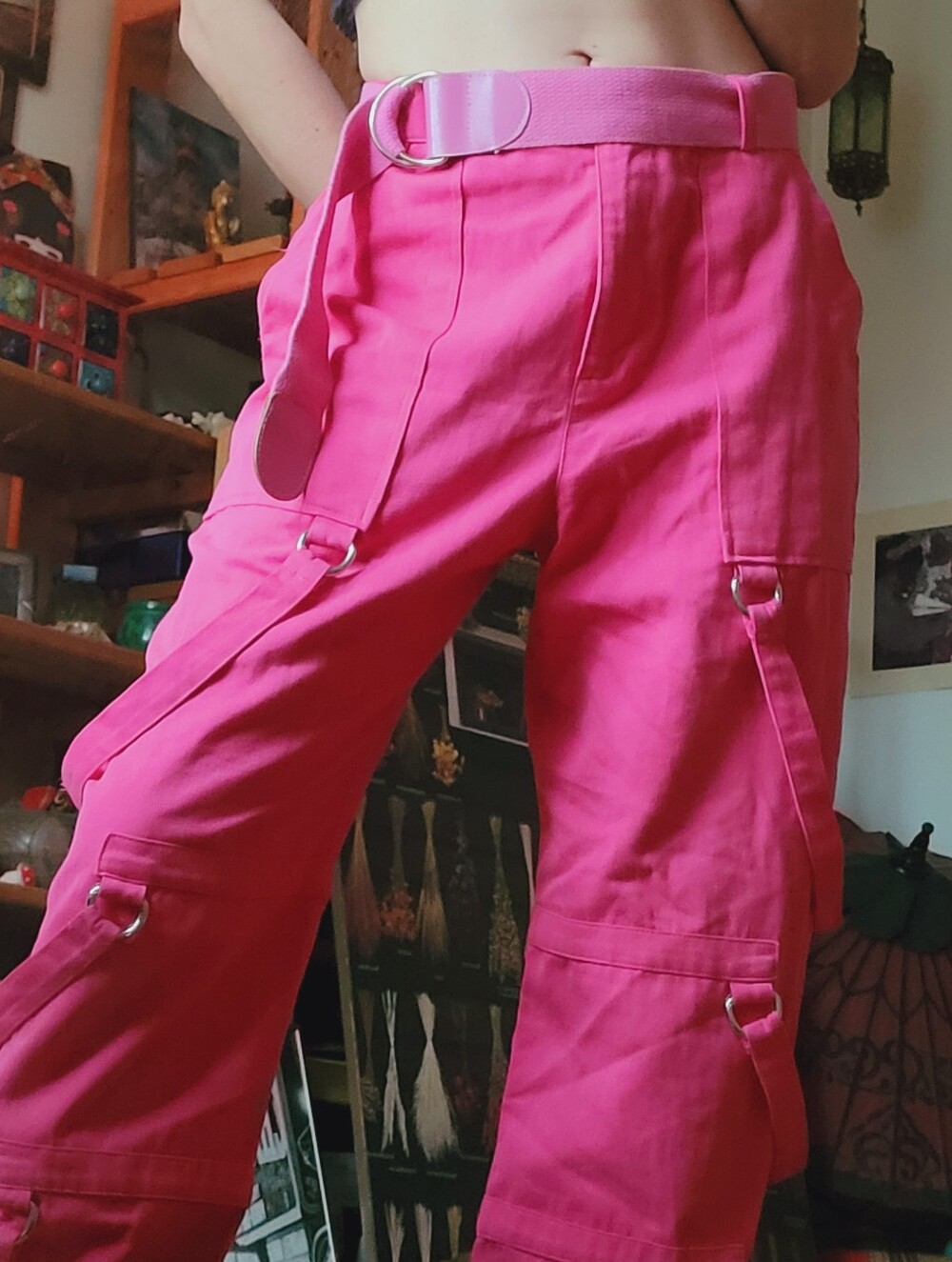 The Ragged Priest Theory Strappy Cargo High Waist Belted Pants In Hot Pink - S